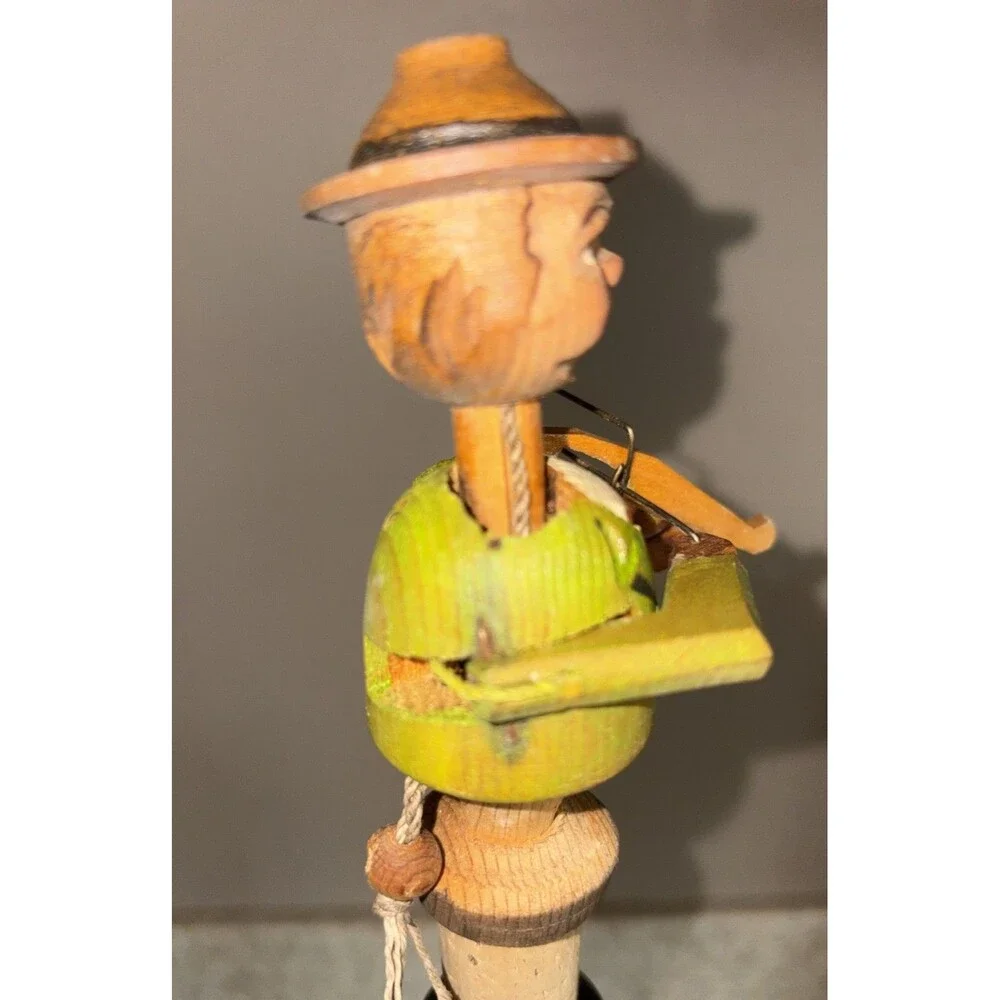 Vintage ANRI carved wooden folk art bottle stopper Mechanical Violin Player